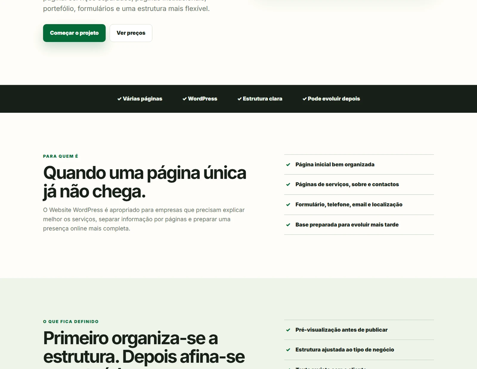Exemplo principal de um Website WordPress SiteExpress com várias secções e estrutura editorial