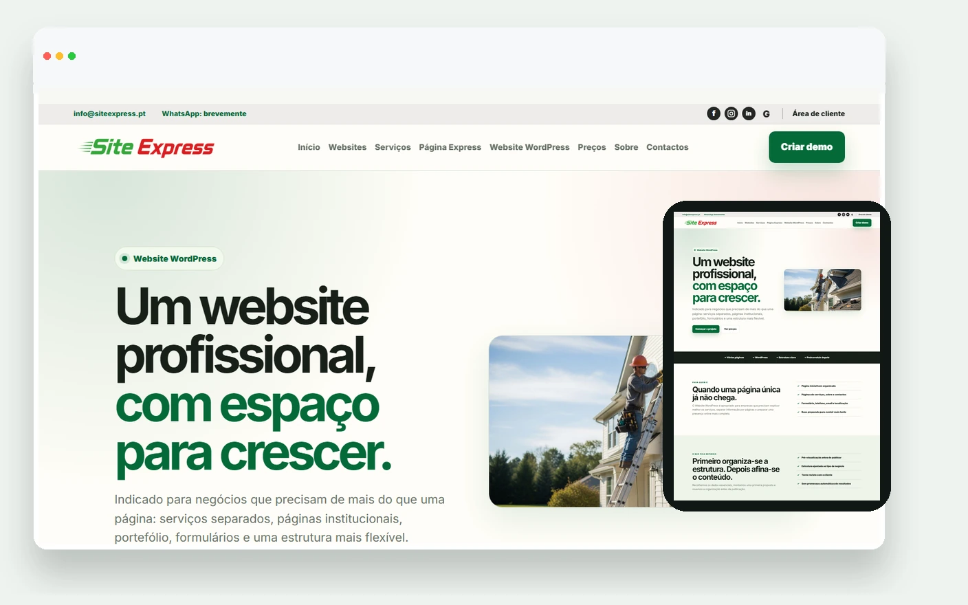 Pré-visualização adicional de um projeto WordPress SiteExpress